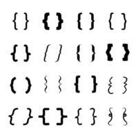 Set of Decorative Curly Brackets in Various Styles Illustration. This illustration features a diverse collection of curly brackets displayed in a grid layout. vector