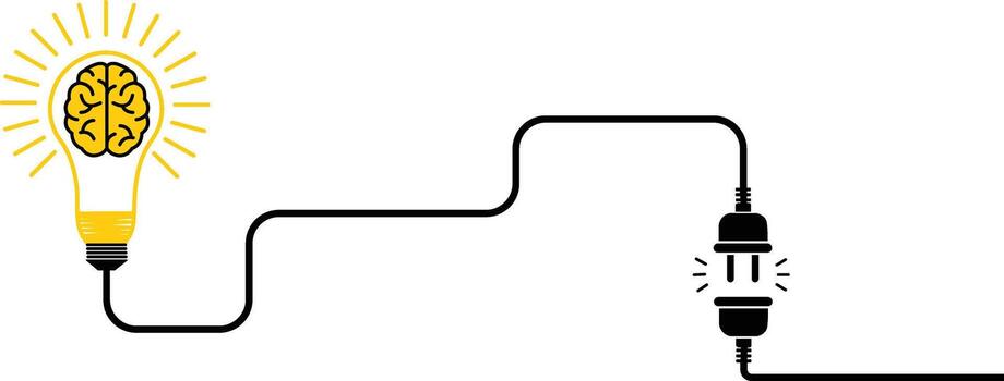 Brain Powered Light Bulb Illustration . Black Wire Plug Connected to Illuminated Bulb Containing Brain Symbol Representing Intelligence, Creativity, and Powered Thinking on White Background vector