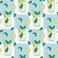 Mojito Cocktail seamless pattern. Geometric background with glass of refreshing drink and plants. Cool Summer lemonade or ice tea. Flat design hand drawn illustration. vector