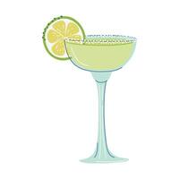 Alcohol drink. Margarita Cocktail. Glass with beverage, lime slice and salt decor. Cool Summer lemonade. Drink made from tequila and lime juice. Hand drawn flat design illustration. vector