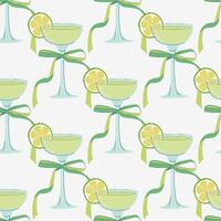 Margarita Cocktail seamless pattern. Geometric retro background with elegant glass of alcohol drink with bow. Flat design hand drawn illustration. vector