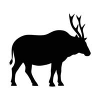 A striking black silhouette of a majestic elk with impressive antlers standing proudly against a clean white background. vector