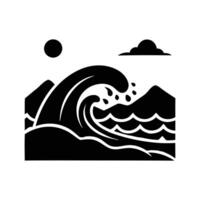 Stylized ocean wave with mountains and sun silhouette isolated on white background vector