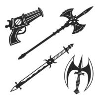 Dramatic Black and White Illustration of Fantasy Weapons Sword, Axe, Gun, and Halberd in a Dark, Mysterious Style vector