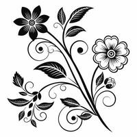 Elegant Black and White Floral Design Ornate Flower Branch with Swirls, Isolated on White Background, Romantic and Classic Style vector