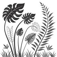 Elegant Black and White Tropical Leaf Illustration Serene Monstera, Fern, and Palm Arrangement for a Peaceful Mood vector