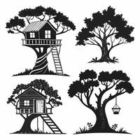 Enchanting Black and White Illustrations of Tree Houses Nestled in Lush, Mysterious Trees Whimsical Designs for Kids Rooms vector