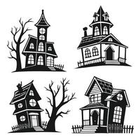 Spooky Black and White Halloween Haunted Houses Silhouettes Set, Creepy Manor Illustrations for Party Decorations vector
