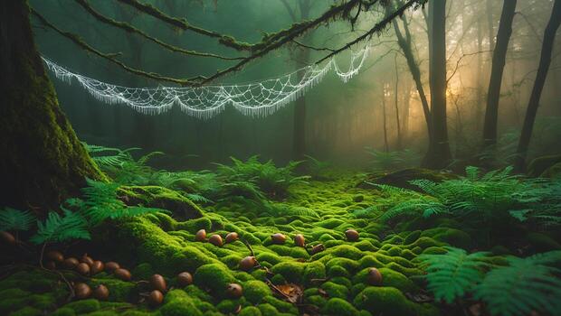 Walking Through Green Forest with Moss and Cobweb at Sunrise photo