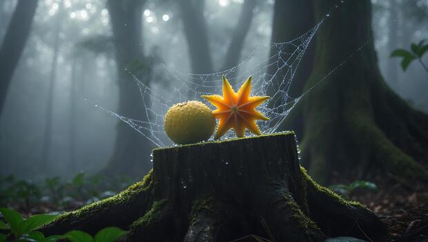 Fruits on Stump with Spiderweb in Misty Forest Scenery photo
