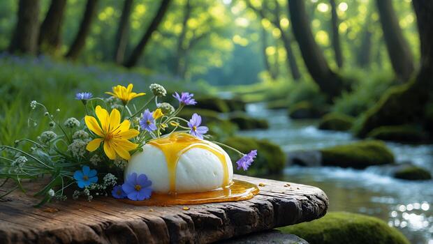 Cheese with Honey Drizzle and Flowers on Wood Slab by Stream photo