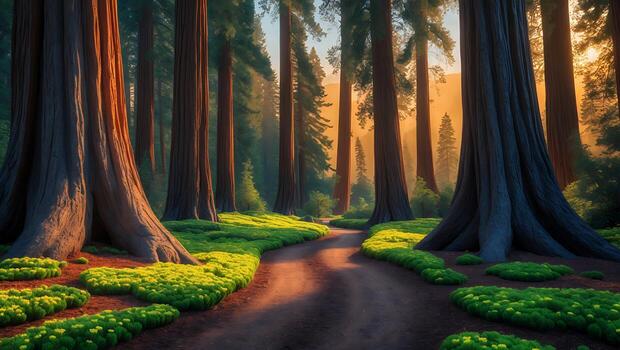 Pathway Winding Through Forest of Towering Trees with Mossy Ground photo
