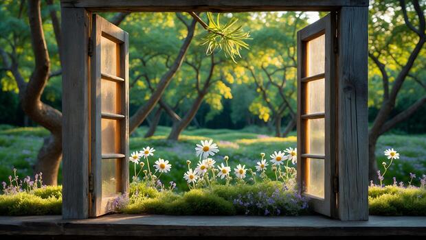 A serene view from a wooden window overlooking a blooming meadow filled with daisies and greenery photo