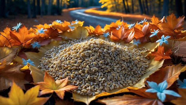 A vibrant autumn scene featuring a mound of grains surrounded by colorful leaves along a winding path photo