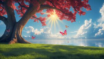Majestic tree with vibrant red leaves under a sunny sky, butterflies fluttering over serene waters photo