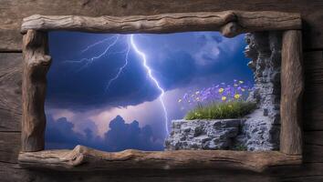 Dramatic lightning strikes over a vibrant flower meadow framed by rustic wooden logs at dusk photo