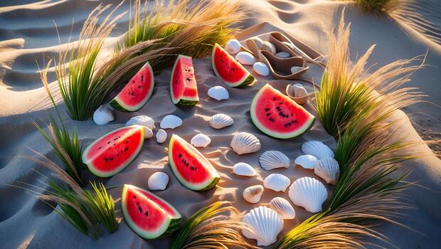 Colorful arrangement of watermelon slices and seashells on sandy beach with grass in background photo