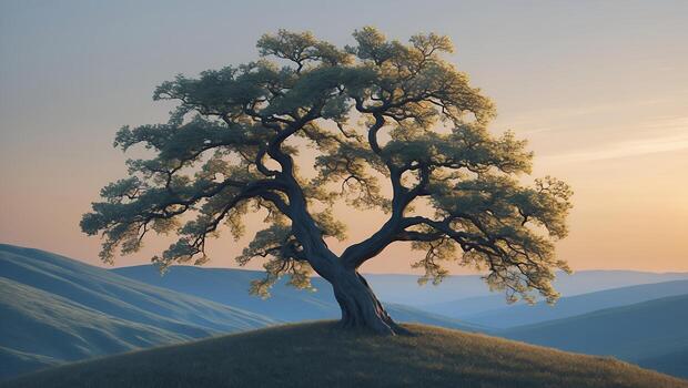 Majestic lone tree standing on a grassy hill at sunset, with soft hills and a serene sky in the background photo