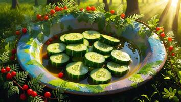Fresh cucumber slices arranged on a decorative plate surrounded by greenery in a sunlit forest photo