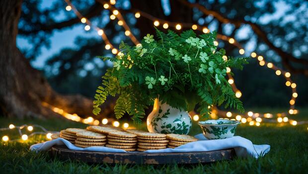 A serene outdoor setting featuring a tray of cookies and a floral arrangement illuminated by string lights photo