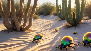 Vibrant beetles crawling through a sandy desert landscape with cacti and shadows at sunset photo