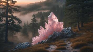 Majestic pink crystal formation amidst a serene forest landscape at sunrise with misty hills photo