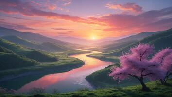 Serene sunset over a winding river, framed by blooming cherry blossoms in a tranquil landscape photo