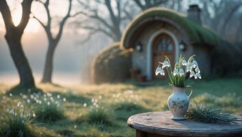 Serene morning scene with a vase of snowdrops on a wooden table in a lush garden near a cozy cottage photo