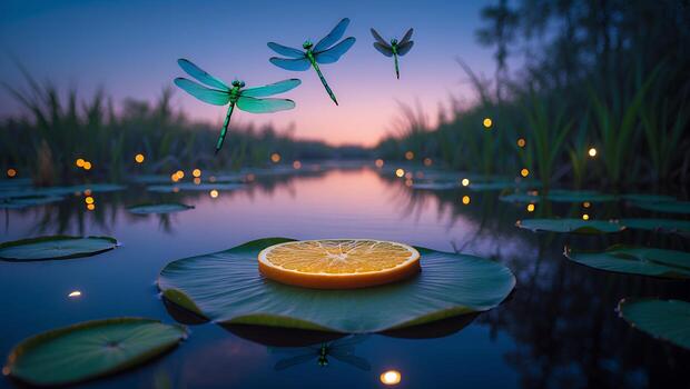 Serene sunset over a tranquil pond with dragonflies hovering around an orange slice on a lily pad photo