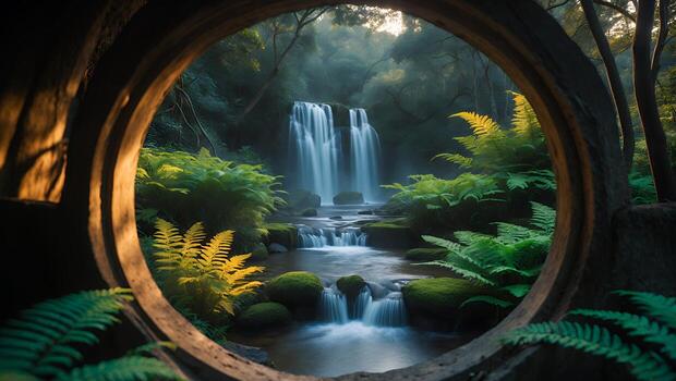 sereno cascada cascada mediante lozano verdor, enmarcado por un circular Roca estructura en un tranquilo bosque foto