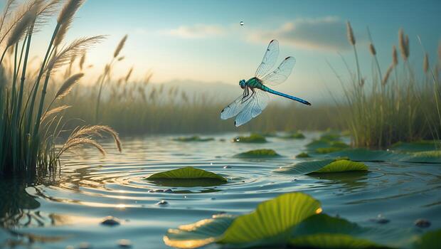 Dragonfly hovering over serene water lilies in a tranquil lake at sunset, with soft grass in the background photo