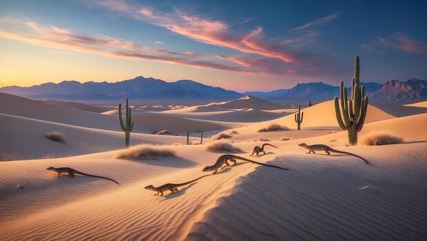 Dinosaurs traversing a sandy desert landscape at sunset, with cacti and mountains in the background photo