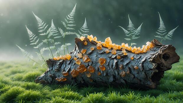 Glowing amber crystals atop a weathered log surrounded by lush ferns in a serene forest setting photo