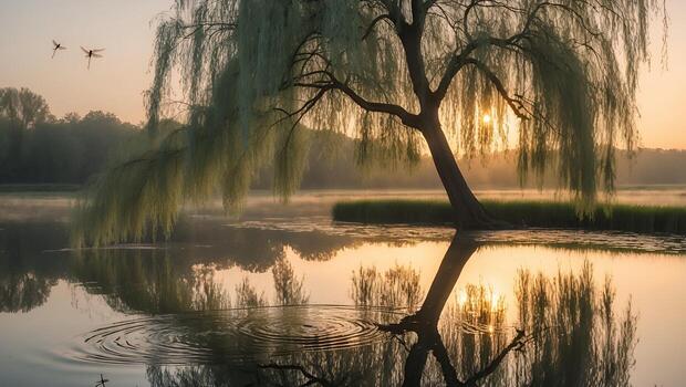Serene sunrise over a tranquil lake with a willow tree reflecting in the water, surrounded by nature photo