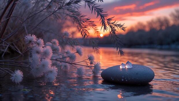 Serene sunset over a calm river, with dew on stones and soft flowers framing the scene photo