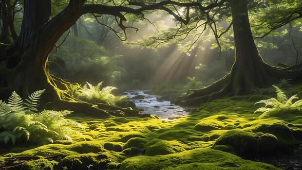 Sunlight streaming through lush forest canopy, illuminating mossy ground and serene stream photo