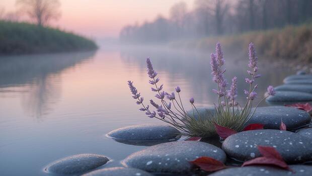 Serene riverside scene with lavender flowers and smooth stones at dawn, mist rising in the background photo