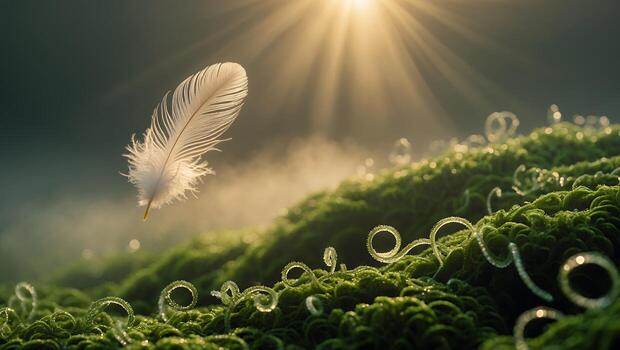 Delicate white feather floating above lush green moss in a serene, sunlit forest setting photo