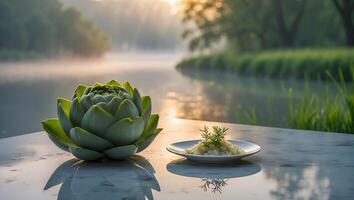 Tranquil morning scene featuring a lotus flower and a plate of food by a serene lakeside at dawn photo