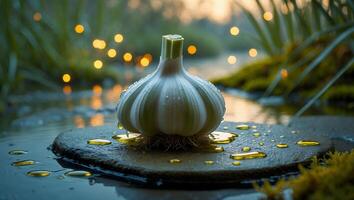Fresh garlic bulb resting on a stone in a serene outdoor setting, with soft bokeh lights in the background photo