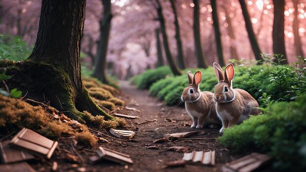 Two rabbits sit beside a forest path lined with fallen books, surrounded by blooming cherry trees photo