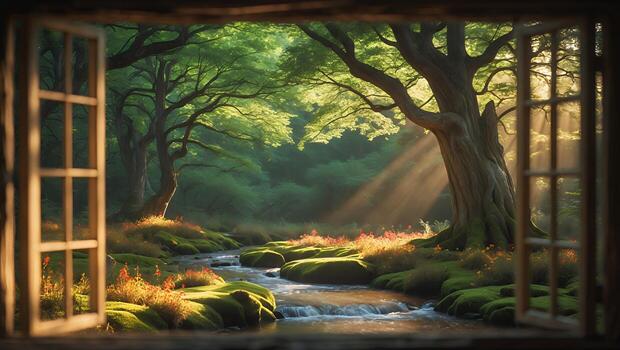 Serene view of a sunlit forest through an open window, showcasing vibrant greenery and a flowing stream photo