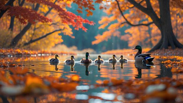 A serene scene of ducks swimming in a tranquil pond surrounded by autumn foliage and reflections photo