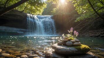 Serene waterfall surrounded by lush greenery with stacked stones and flowers in foreground photo