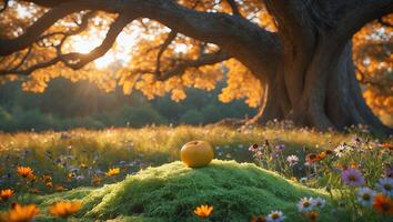Vibrant orange resting on moss in a sunlit meadow surrounded by colorful wildflowers and trees photo
