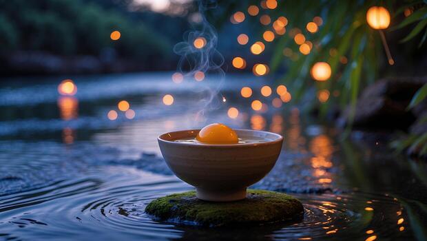 Serene bowl of steaming egg yolk resting on mossy stone by tranquil river with glowing lanterns photo