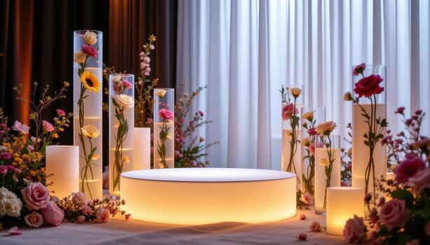 close up view of a podium lit from beneath and surrounded by frosted glass cylinders filled with suspended flowers and soft lighting to enhance form photo