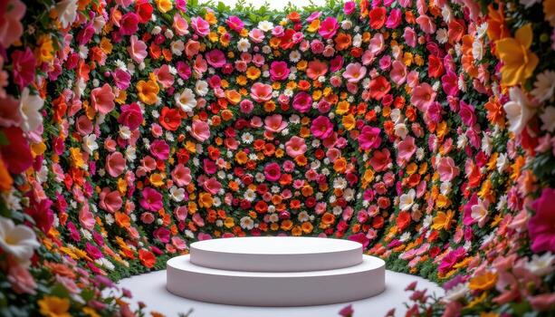 close up view of a podium set inside a spiral installation of flowers, with each layer offering a transition of color and species. photo