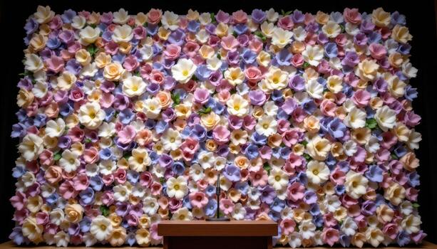 close up view of a podium set before an oversized floral backdrop with texture and layering that mimics a blooming wall of nature. photo