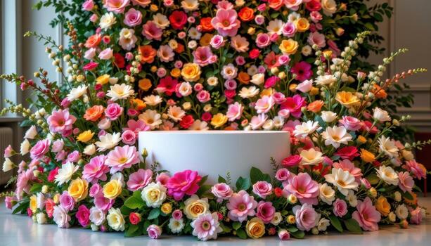 close up view of a podium integrated into a full floral scene with layered blooms spilling out from behind, across the floor. photo